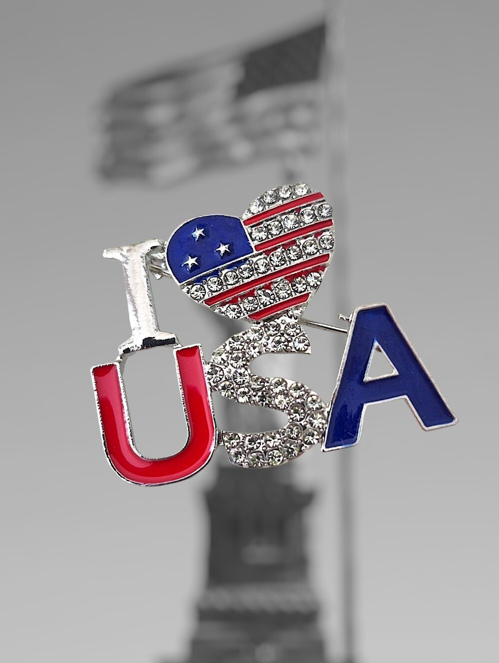 Patriotic USA Heart Pin - Red, Blue, Silver